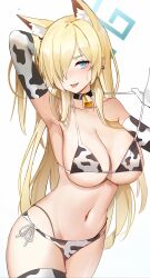 Rule 34 | 1girl, absurdres, alternate costume, animal ear fluff, animal ears, animal print, arm up, armpits, bell, bikini, black choker, blonde hair, blue archive, blue eyes, breasts, choker, cow print, cow print bikini, cowbell, cowboy shot, earrings, elbow gloves, glint, gloves, gonggo, hair over one eye, halo, highres, jewelry, kanna (blue archive), large breasts, navel, neck bell, print bikini, print gloves, print thighhighs, pulled by self, sharp teeth, simple background, solo, stomach, strap pull, sweat, swimsuit, teeth, thighhighs, tongue, tongue out, white background
