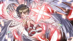 Rule 34 | 1girl, absurdres, akamine naoki, angel wings, angewomon, artist name, blowing whistle, brown hair, closed eyes, crests (digimon), digimon, digimon (creature), digimon adventure, gradient background, highres, holding, holding whistle, multiple wings, shawl, shirt, short hair, shorts, tagme, whistle, whistle around neck, wings, yagami hikari