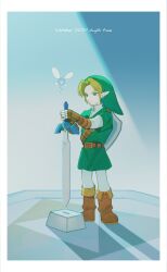 1boy 2024 belt blonde_hair blue_eyes boots earrings fairy full_body gauntlets hat highres holding holding_sword holding_weapon indoors jewelry link maruta_maruta master_sword navi nintendo pedestal pointy_ears scabbard sheath shield shield_on_back solo sword temple temple_of_time the_legend_of_zelda the_legend_of_zelda:_ocarina_of_time walking weapon