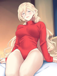 Rule 34 | 1girl, bare legs, bed sheet, blonde hair, blue eyes, blush, breasts, closed mouth, feet out of frame, groin, heattech leotard, highres, kantai collection, large breasts, leotard, long hair, long sleeves, mole, mole under eye, red leotard, ribbed leotard, richelieu (kancolle), shingyou (alexander-13), solo, thighs, turtleneck