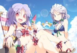 Rule 34 | 2girls, :d, ;), alternate costume, bad anatomy, beach chair, bikini, blue eyes, bow, breasts, cleavage, cloud, cloudy sky, day, fangs, food, frilled bikini, frills, holding, ice cream, izayoi sakuya, crossed legs, lens flare, light particles, looking at viewer, multiple girls, navel, no headwear, no headwear, one eye closed, open mouth, parfait, purple hair, red eyes, remilia scarlet, revision, satou kibi, short hair, silver hair, sitting, sky, small breasts, smile, swimsuit, touhou, tray, wrist cuffs