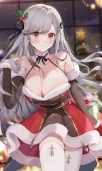 Rule 34 | 1girl, absurdres, azur lane, blush, breasts, butterfly hair ornament, choker, christmas, cleavage, commission, detached sleeves, dress, dunkerque (azur lane), grey hair, hair ornament, halterneck, highres, ion (on01e), large breasts, long hair, looking at viewer, pixiv commission, red eyes, sidelocks, solo, very long hair