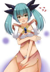 Rule 34 | 1girl, bermuda triangle, blush, breasts, cardfight!! vanguard, cleavage cutout, clothing cutout, collarbone, cosplay, costume switch, covering privates, darkness maiden macha, green hair, hair ornament, headdress, hip focus, horns, large breasts, looking at viewer, mermaid idol elly, midriff, miniskirt, navel, shadow paladin, skirt, solo, twintails, worried, yellow eyes