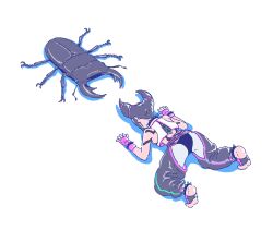 Rule 34 | 1girl, all fours, black hair, bracelet, collar, gloves, hair horns, han juri, highres, jewelry, kaituburing, pants, simple background, soles, solo, spiked anklet, spiked bracelet, spiked collar, spikes, stag beetle, street fighter, vest, white background