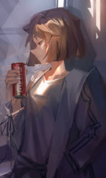 Rule 34 | 1girl, absurdres, against wall, black ribbon, brown hair, can, closed mouth, coat, coca-cola, collarbone, closed eyes, haibara ai, hand in pocket, highres, holding, holding can, huge filesize, long sleeves, meitantei conan, open clothes, open coat, profile, ribbon, shirt, short hair, solo, standing, white shirt, xuanji