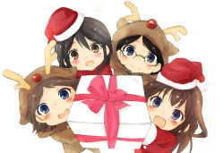 Rule 34 | 10s, 4girls, aged down, animal costume, antlers, bare shoulders, brown hair, detached sleeves, double bun, glasses, hair bun, hair ornament, hairband, haruna (kancolle), hat, hatamichi mihiro, headgear, hiei (kancolle), horns, japanese clothes, kantai collection, kirishima (kancolle), kongou (kancolle), long hair, looking at viewer, michibata5656, multiple girls, nontraditional miko, personification, reindeer antlers, reindeer costume, round eyewear, santa costume, santa hat