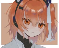 Rule 34 | 1girl, :/, a.i. voice, adachi rei, black jacket, black shirt, border, closed mouth, commentary, expressionless, hair ornament, hair ribbon, hairclip, half-closed eyes, headlamp, headset, highres, jacket, light blush, looking at viewer, one side up, orange background, orange hair, outside border, portrait, ribbon, shirt, short hair, sirase uni, solo, turtleneck, utau, wavy eyes, white border, white ribbon