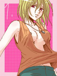Rule 34 | 00s, 1girl, blonde hair, border, breasts, cleavage, cowboy shot, gundam, gundam seed, gundam seed destiny, jewelry, large breasts, looking at viewer, lowres, necklace, pants, pink background, red eyes, shirt, short hair, simple background, solo, stellar loussier, torn clothes, torn shirt