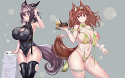 Rule 34 | 2girls, absurdres, angelina (arknights), animal ears, arknights, bare arms, bare shoulders, beer mug, black legwear, black leotard, bra, breasts, brown hair, cleavage, cleavage cutout, clothing cutout, covered erect nipples, covered navel, cup, dur-nar (arknights), fox ears, fox tail, green bra, green panties, grey background, groin, hair between eyes, hairband, hand up, head tilt, highres, holding, holding plate, huge breasts, leotard, looking at viewer, mug, multiple girls, originium slug (arknights), panties, parted lips, pasties, plate, purple eyes, purple hair, red hairband, short hair, tail, thigh strap, thighhighs, thighs, true-or-false, twintails, underwear, wrist cuffs