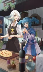 Rule 34 | 2girls, apple, apple slice, apron, au ra, basting brush, black apron, blue cape, blue dress, blue feathers, blue hair, blush, bottle, cabinet, cape, chocobo, collar, collared shirt, cooking, cooking pot, cup, cupboard, cutting board, dragon horns, dragon tail, dress, feathers, final fantasy, final fantasy xiv, flat chest, food, fruit, hair over one eye, head wings, herb bundle, highres, holding, holding cup, horns, interlocked fingers, jar, kitchen, medium hair, meteion, multiple girls, ojiki, open mouth, pie, plant, potted plant, red eyes, scales, shirt, short hair, sleeves rolled up, smile, table, tail, tray, two-tone dress, warrior of light (ff14), white collar, white dress, white hair, white shirt, wine bottle, wings