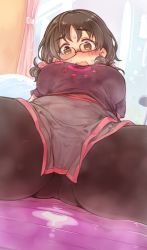Rule 34 | 1girl, 7010, asano fuka, ass, ball, black-framed eyewear, blush, breasts, brown eyes, brown hair, exercise ball, foreshortening, glasses, head tilt, idolmaster, idolmaster cinderella girls, indoors, large breasts, looking at viewer, low twintails, lying, on back, open mouth, pantyhose, short hair, solo, spread legs, sweat, twintails, wavy mouth, wooden floor