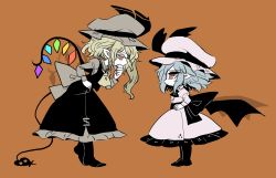 Rule 34 | 2girls, ascot, bat wings, black legwear, blonde hair, blue hair, brown background, covering own mouth, crystal, dress, dress shirt, eye contact, face-to-face, flandre scarlet, from side, full body, hand on own hip, hand over own mouth, hands on own hips, hat, hat ribbon, height difference, laevatein, laevatein (tail), light frown, long sleeves, looking at another, mob cap, multiple girls, pointy ears, profile, red eyes, remilia scarlet, ribbon, shirt, siblings, side ponytail, simple background, sisters, tail, touhou, wings, yt (wai-tei)