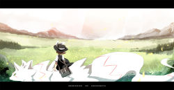 Rule 34 | 1girl, animal, bag, black hat, bow, brown hair, english text, field, from behind, grass, handbag, hat, hat bow, landscape, lemonice, letterboxed, mountain, outdoors, puffy short sleeves, puffy sleeves, riding, short hair, short sleeves, shoulder bag, touhou, usami renko, wind