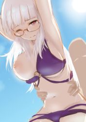 Rule 34 | 1boy, 1girl, alternate costume, armpits, bikini, blue sky, blunt bangs, breasts, doggystyle, dutch angle, faceless, faceless male, from below, glasses, heidimarie w. schnaufer, hetero, highres, large breasts, long hair, motsunukisuki, navel, nipples, one breast out, one eye closed, purple bikini, red eyes, semi-rimless eyewear, sex, sex from behind, sketch, sky, solo focus, swimsuit, white hair, world witches series