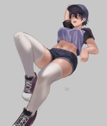 Rule 34 | 1girl, baseball cap, black hair, breasts, cropped shirt, dated commentary, grey background, hair between eyes, hat, highres, hunyan, large breasts, looking at viewer, midriff, navel, open mouth, original, shoes, short hair, short sleeves, shorts, simple background, solo, teeth, thighhighs, tomboy, tomboy (hunyan), watermark