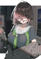 Rule 34 | 1girl, :o, absurdres, alternate costume, alternate hair color, black shirt, blue eyes, blurry, blurry background, breasts, brown-framed eyewear, brown hair, buttons, cardigan, collarbone, commentary request, depth of field, fate/grand order, fate (series), glasses, green necktie, grey cardigan, hair between eyes, hair over one eye, highres, large breasts, long sleeves, looking at viewer, looking over eyewear, mash kyrielight, necktie, off shoulder, open mouth, rolua, sailor collar, school uniform, shade, shirt, short hair, short sleeves, solo, upper body, white sailor collar