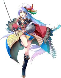 Rule 34 | &gt;:o, 1girl, :o, artist request, black footwear, blue hair, boots, breasts, cleavage, dress, full body, hat, hat feather, high heel boots, high heels, holding, holding sword, holding weapon, light blue hair, long hair, looking at viewer, navel, official art, open mouth, oshiro project:re, oshiro project:re, shield, simple background, solo, sword, transparent background, v-shaped eyebrows, wartburg (oshiro project), weapon, yellow eyes