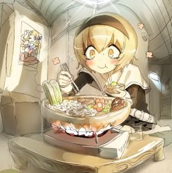 Rule 34 | 1girl, blonde hair, blush, closed mouth, eating, food, hairband, indoors, jashin-chan dropkick, pekora (jashin-chan dropkick), poporon (jashin-chan dropkick), poster (object), short hair, smile, solo, yellow eyes