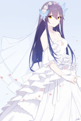 1girl bare_shoulders black_hair blue_background breasts brown_eyes cleavage dress flower from_side hair_flower hair_ornament haruna_(kancolle) highres ieufg jewelry kantai_collection large_breasts long_hair looking_at_viewer ring simple_background sleeveless sleeveless_dress smile solo wedding_band white_dress