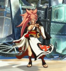 Rule 34 | 1girl, amputee, animated, animated gif, baiken, breasts, cleavage, eyepatch, female focus, full body, guilty gear, guilty gear xrd, large breasts, long hair, lowres, official art, pink hair, ponytail, sandals, smoking, smoking pipe, solo, sword, tattoo, toeless footwear, toes, very long hair, weapon