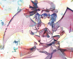 Rule 34 | 1girl, 6u (eternal land), :t, bad id, bad pixiv id, bat wings, blue hair, blush, female focus, frown, hands on own hips, hat, kiyu, md5 mismatch, pout, red eyes, remilia scarlet, resolution mismatch, short hair, solo, touhou, wings