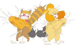 Rule 34 | 10s, 2girls, aggressive retsuko, animal crossing, animal ears, barefoot, blonde hair, blush, breasts, cleavage, clenched teeth, crossover, cum, cum in navel, cum pool, cum through navel, disembodied penis, dog ears, dog tail, doggystyle, ejaculation, eric lowery, furry, gigantic penis, highres, huge penis, huge testicles, isabelle (animal crossing), knees together feet apart, large breasts, large insertion, motion lines, multiple girls, nintendo, nipples, nude, o o, open mouth, cum overflow, penis, pigeon-toed, pussy juice, pussy juice trail, red panda, retsuko, sex, sex from behind, shortstack, simple background, size difference, standing, stomach bulge, tail, tears, teeth, testicles, thick thighs, thighs, tiptoes, tongue, tongue out, topknot, uncensored, white background, wide hips