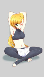 Rule 34 | 1girl, absurdres, armpits, blonde hair, blush, breasts, highres, looking at viewer, lyrical nanoha, mahou shoujo lyrical nanoha strikers, mahou shoujo lyrical nanoha vivid, medium breasts, navel, one eye closed, shorts, smile, solo, sports bra, vivio
