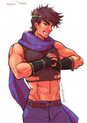 Rule 34 | 1boy, abs, battle tendency, brown hair, clenched hand, crop top, fingerless gloves, frances, gloves, green eyes, grin, headband, jojo no kimyou na bouken, joseph joestar, joseph joestar (young), male focus, midriff, muscular, navel, o-obnn, scarf, signature, simple background, smile, solo, striped clothes, striped scarf, twitter username, white background