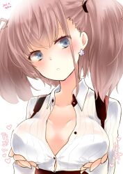 Rule 34 | 1girl, artist name, atlanta (kancolle), blue eyes, blush, breasts, buttons, cleavage, collarbone, dated, earrings, highres, jewelry, kantai collection, large breasts, light brown hair, looking to the side, momokaze kuri, pursed lips, shirt, solo, sound effects, star (symbol), star earrings, twintails, upper body, white shirt