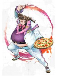 Rule 34 | #compass, 1boy, arm up, aura, belly, belt, black shirt, blue eyes, bow, bowtie, brown hair, buttons, cheese, collared shirt, fat, fat man, food, frilled sleeves, frills, full body, fuse ryuuta, grin, happy, highres, holding, holding food, holding tray, jacket, jewelry, leaf, legs apart, long hair, looking at viewer, male focus, multicolored footwear, navel, official art, open clothes, open jacket, pants, pierre the 77th, pizza, pocket, purple best, red bow, red bowtie, ring, shirt, shoes, sidelocks, smile, solo, source request, standing, teeth, tomato, tray, undersized clothes, white background, white jacket, white pants