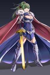 Rule 34 | 1girl, armor, artoria pendragon (all), artoria pendragon (fate), breasts, cape, cleavage, excalibur (fate/stay night), fate/stay night, fate (series), fire emblem, fire emblem awakening, green eyes, green hair, heels, highres, large breasts, nintendo, parted lips, pointy ears, ponytail, saber (fate), solo, sword, thighs, tiki (fire emblem), weapon