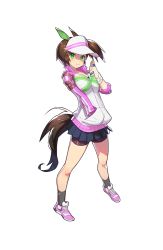 Rule 34 | 1girl, :t, animal ears, artist request, bike shorts, black socks, brown hair, ear covers, eating, food request, full body, green eyes, highres, horse ears, horse girl, horse tail, ines fujin (umamusume), looking at viewer, official art, pleated skirt, shoes, shorts, shorts under skirt, single ear cover, skirt, sneakers, socks, solo, tail, transparent background, umamusume, visor cap, wristband