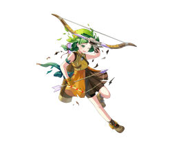 Rule 34 | 1girl, aged down, arrow (projectile), bandana, black gloves, bow (weapon), braid, brown footwear, damaged, female focus, fingerless gloves, fire emblem, fire emblem: the blazing blade, fire emblem heroes, gloves, green eyes, green hair, holding, holding arrow, matching hair/eyes, nintendo, official alternate costume, official art, one eye closed, open mouth, pleated skirt, quiver, rebecca (fire emblem), skirt, solo, torn clothes, twintails, weapon, wince, yellow bandana