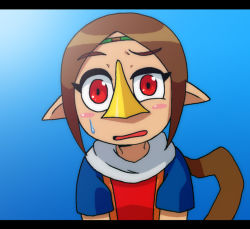 Rule 34 | 1girl, artist request, beak, blue background, blush stickers, brown hair, cocked eyebrow, commentary request, long hair, looking at viewer, medli, nintendo, open mouth, pointy ears, ponytail, red eyes, solo, sweatdrop, the legend of zelda, the legend of zelda: the wind waker, uneven eyes