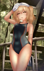 Rule 34 | anchor symbol, blonde hair, blue one-piece swimsuit, breasts, chair, chestnut mouth, collarbone, commentary request, competition swimsuit, covered erect nipples, cowboy shot, gloves, hat, highres, kitashirakawa chiyuri, medium hair, multicolored clothes, multicolored swimsuit, one-piece swimsuit, open mouth, sailor hat, shounen (hogehoge), small breasts, solo, swimsuit, touhou, touhou (pc-98), twintails, white gloves, white hat, yellow eyes
