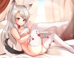 Rule 34 | 1girl, :3, absurdres, akiba monaka, animal ear fluff, animal ears, azur lane, blush, breasts, budget sarashi, chromatic aberration, cleavage, closed mouth, collar, commentary request, covered erect nipples, floral print, from side, front-seamed legwear, heart, highres, leg up, legs, long hair, looking at viewer, looking to the side, medium breasts, no shoes, print curtains, print thighhighs, red collar, red curtains, red eyes, sarashi, seamed legwear, silver hair, smile, solo, star (symbol), star print, tail, thick eyebrows, thighhighs, underboob, white thighhighs, wolf ears, wolf tail, yuudachi (azur lane)