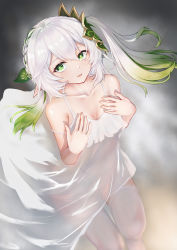 Rule 34 | 1girl, absurdres, aged up, alternate costume, braid, collarbone, commentary request, dress, from above, genshin impact, gradient background, gradient hair, green eyes, hair between eyes, hair ornament, hands on own chest, highres, koyui (ziwei), long hair, looking at viewer, looking up, multicolored hair, nahida (genshin impact), parted lips, pointy ears, see-through, see-through dress, side ponytail, sidelocks, simple background, single braid, sitting, sleeveless, smile, solo, spaghetti strap, symbol-shaped pupils, thighhighs, white dress, white hair, white thighhighs