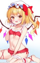 Rule 34 | 1girl, :d, bare arms, barefoot, between legs, bikini, blonde hair, blush, bow, bridal garter, collarbone, colored eyelashes, commentary request, corrupted twitter file, crystal, fang, flandre scarlet, flat chest, frilled bikini, frilled wrist cuffs, frills, gradient background, hair between eyes, hair bow, hand between legs, hand on own chest, hand up, happy, hat, heart, highres, leg ribbon, light blue background, looking at viewer, medium hair, midriff, mob cap, navel, open mouth, orange eyes, red bikini, red bow, red ribbon, ribbon, shirotsuki shirone, side ponytail, simple background, sitting, skin fang, smile, solo, stomach, swimsuit, touhou, tsurime, wariza, white background, white hat, wings, wrist cuffs