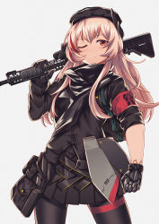 Rule 34 | 1girl, ;), armband, assault rifle, beret, black hat, black jacket, black pantyhose, black scarf, black skirt, blush, breasts, commentary, girls&#039; frontline, grey background, gun, hair between eyes, hat, headgear, holding, holding gun, holding weapon, jacket, long hair, looking at viewer, m4 carbine, m4 sopmod ii (girls&#039; frontline), mechanical hands, medium breasts, multicolored hair, one eye closed, pantyhose, persocon93, pink hair, pleated skirt, rainbow six siege, red eyes, red hair, rifle, scarf, sidelocks, single mechanical hand, skirt, sleeve rolled up, smile, solo, streaked hair, thigh strap, weapon