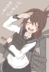 Rule 34 | 10s, 1girl, book, brown hair, cannon, closed eyes, folded ponytail, happy, holding, holding book, inazuma (kancolle), kantai collection, machinery, morigami (morigami no yashiro), nanodesu (phrase), open mouth, pleated skirt, salute, school uniform, serafuku, skirt, smile, solo, translated, turret, twitter username