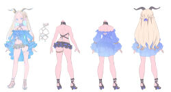 Rule 34 | 1girl, absurdres, arms at sides, ass, bare shoulders, black skirt, blonde hair, blue dress, blue eyes, blue nails, braid, breasts, character sheet, closed mouth, contrapposto, dot nose, dress, enkyo yuuichirou, expressionless, fingernails, french braid, full body, high heels, highres, horns, long hair, looking at viewer, miniskirt, multiple views, nail polish, off-shoulder dress, off shoulder, open clothes, open dress, original, pointy ears, sandals, simple background, skirt, small breasts, thighlet, toenail polish, toenails, very long hair, white background