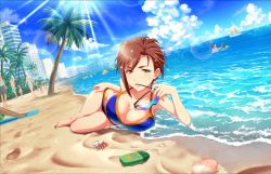 Rule 34 | 10s, 1girl, artist request, bare shoulders, barefoot, beach, bikini, breasts, brown hair, building, cleavage, cloud, crab, curvy, day, earrings, green eyes, hand on own hip, hermit crab, hip focus, idolmaster, idolmaster cinderella girls, idolmaster cinderella girls starlight stage, jewelry, kiba manami, large breasts, ocean, official art, outdoors, palm tree, people, sand, short hair, sky, sunglasses, swimming, swimsuit, thick thighs, thighs, tree, walking, water