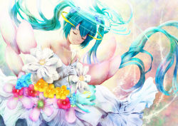 Rule 34 | 1girl, bare shoulders, breasts, cleavage, dress, elbow gloves, closed eyes, flower, gloves, hatsune miku, long hair, museum2088, solo, twintails, very long hair, vocaloid