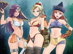 Rule 34 | 3girls, :d, adapted costume, alena (dq4), armor, bikini armor, blonde hair, bow, bracelet, breasts, brown hair, circlet, cleavage, contrapposto, dragon quest, dragon quest heroes, dragon quest iv, earrings, hand fan, gauntlets, gloves, green eyes, hair bow, hat, hayakawa pao, jewelry, long hair, looking at viewer, manya (dq4), medium breasts, meer (dqh), midriff, multiple girls, navel, open mouth, orange eyes, pink eyes, ponytail, purple hair, shield, smile, standing, sword, teeth, thighhighs, weapon
