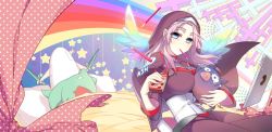 Rule 34 | 1girl, bed, bed sheet, bloodline, blue eyes, dagger, gina (bloodline), holding, holding stuffed toy, hood, knife, non-web source, on bed, pillow, pink hair, princess, rainbow, sitting, stuffed animal, stuffed toy, tablet pc, weapon, wings, wizard