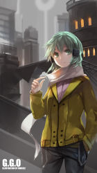 Rule 34 | 10s, 1girl, aqua eyes, aqua hair, bad id, bad pixiv id, cityscape, hand in pocket, highres, light smile, looking at viewer, scarf, short hair, sinon, solo, swd3e2, sword art online
