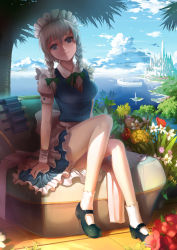 Rule 34 | 1girl, bad id, bad pixiv id, bare legs, blue eyes, braid, castle, cloud, day, empty eyes, female focus, flower, fs-project, head tilt, izayoi sakuya, knife, legs, long legs, maid headdress, mary janes, panties, pocket watch, shade, shirt, shoes, silver hair, sitting, sky, smile, solo, taut clothes, taut shirt, thighs, touhou, twin braids, underwear, watch, water, white legwear, white panties, wristband