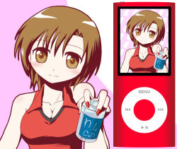 Rule 34 | 1girl, alcohol, beer can, breasts, brown eyes, brown hair, can, digital media player, drink can, ipod, meiko (vocaloid), short hair, solo, vocaloid, yagi gojou, yagigojou (artist)