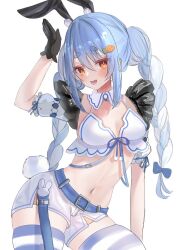 Rule 34 | 1girl, :d, animal ears, belt, bikini, bikini top only, black gloves, blue belt, blue hair, blue thighhighs, blush, braid, buckle, commentary, contrapposto, cowboy shot, detached collar, detached sleeves, fake animal ears, fake tail, gloves, hair between eyes, hand up, highres, hololive, legs apart, looking at viewer, lower teeth only, multicolored hair, navel, nikoge (25ge dayo), open mouth, orange eyes, rabbit ears, rabbit pose, rabbit tail, raised eyebrows, short shorts, short sleeves, shorts, side slit, simple background, skindentation, smile, solo, stomach, striped clothes, striped thighhighs, swimsuit, tail, teeth, thighhighs, thighs, twin braids, two-tone hair, usada pekora, virtual youtuber, white background, white bikini, white hair, white shorts, white thighhighs, zettai ryouiki