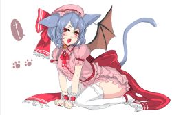 Rule 34 | 1girl, animal ears, bat wings, blue hair, bow, cat ears, cat tail, frills, full body, hat, hat ribbon, high heels, jewelry, kemonomimi mode, looking at viewer, mob cap, open mouth, panzer (p.z), paw print, puffy sleeves, red eyes, remilia scarlet, ribbon, sash, shirt, short hair, short sleeves, simple background, sitting, skirt, skirt set, smile, solo, tail, text focus, thighhighs, touhou, whiskers, white background, white thighhighs, wings, wrist cuffs, zettai ryouiki